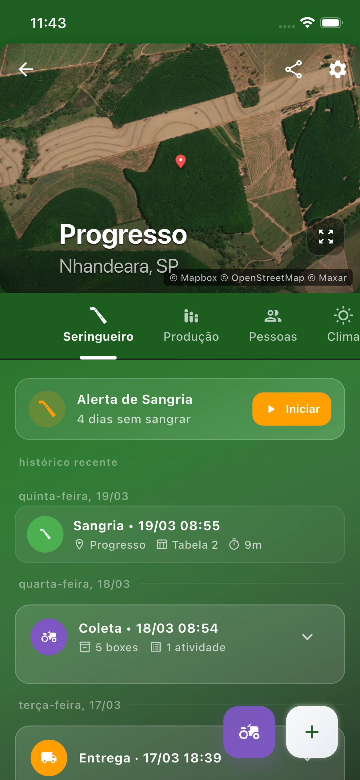 Screenshot do app Seringueiro mostrando o dashboard do produtor